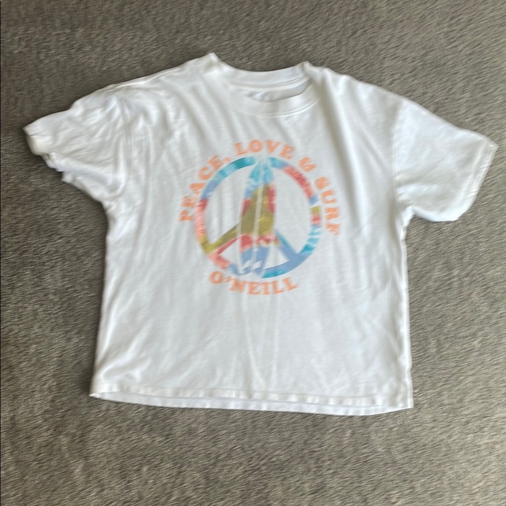 O'Neill White Peace Love & Surf Graphic Tee with Pastel Print